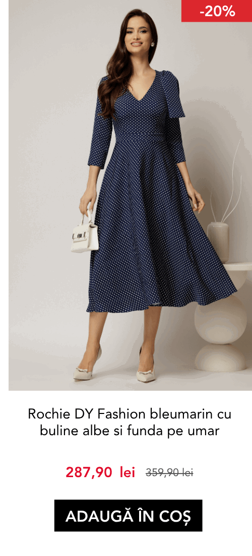 Rochie DY Fashion bleumarin cu buline albe si funda pe umar