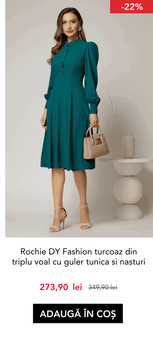 Rochie DY Fashion turcoaz din triplu voal cu guler tunica si nasturi tip floare