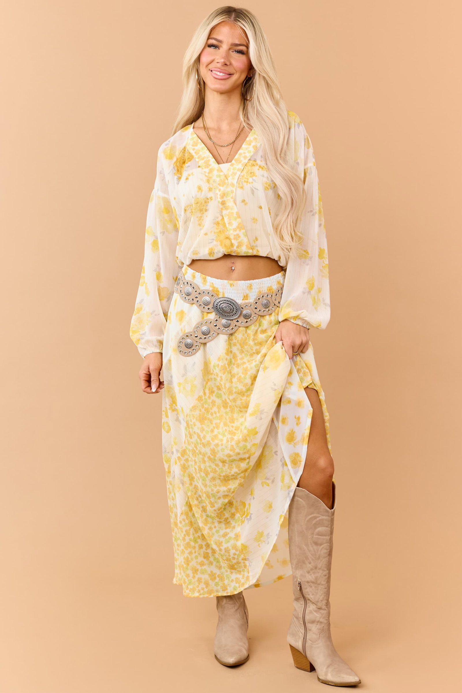 Amber Mixed Floral Print Surplice Long Sleeve Top