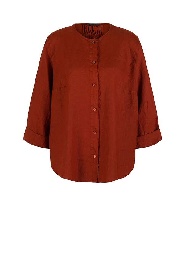 This collarless blouse, crafted from pure, breathable linen, features a full button placket and a beautiful smocked detail at the back. It boasts a relaxed, flowing A-line silhouette accentuated by the fitted shoulders. With long sleeves that can be rolled up on warmer days and a rounded hem, this blouse is the perfect addition to your summer wardrobe.