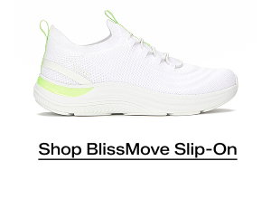 A side view of the BlissMove Knit Slip-On in white/lime green. Shop Now.