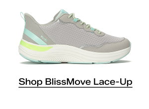 A side view of the BlissMove Mesh/Suede Lace-Up in light grey/mint/neon lime. Shop Now.