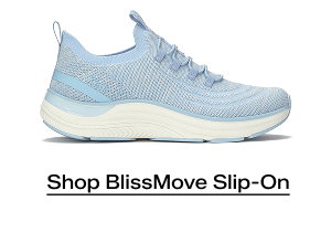 A side view of the BlissMove Marled Knit Slip-On in light blue. Shop Now.