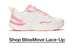 A side view of the BlissMove Mesh/Leather Lace-Up in snow white/neon coral/neon pink. Shop Now.