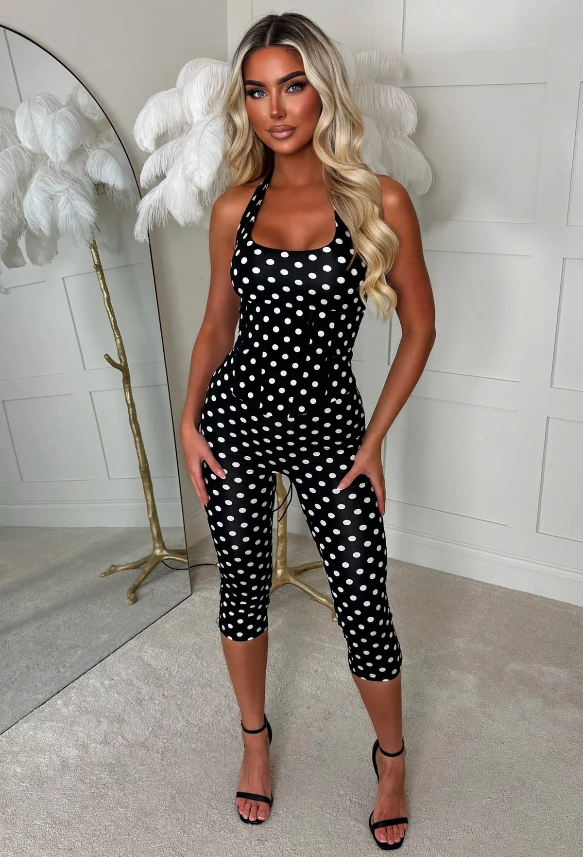 Lady Lady Black Polka Dot Top, Corset & Capri Pant Co-ord Set