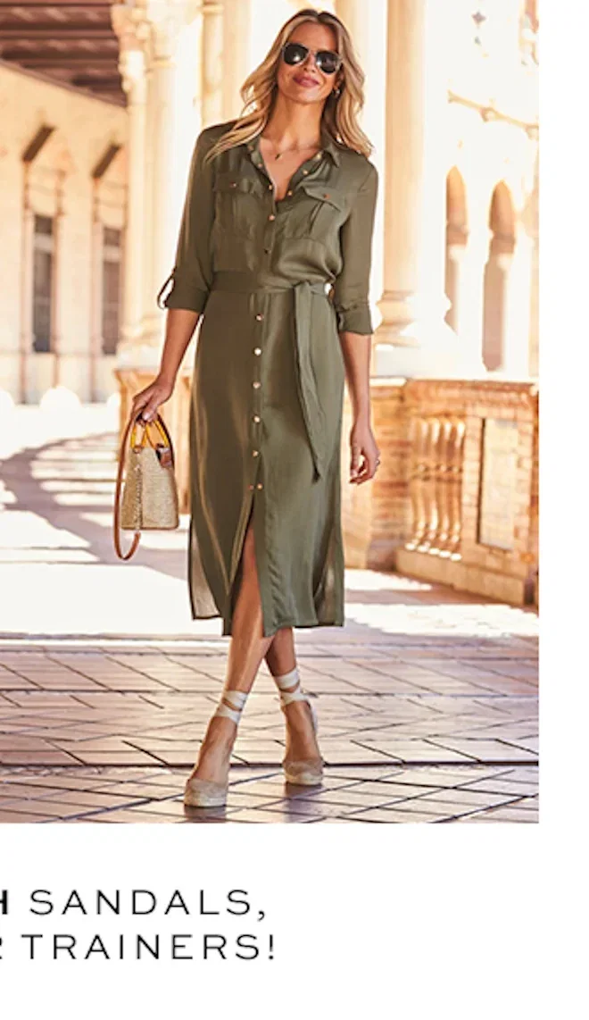 Khaki Green & Luxe Gold Button Utility Midi Shirt Dress
