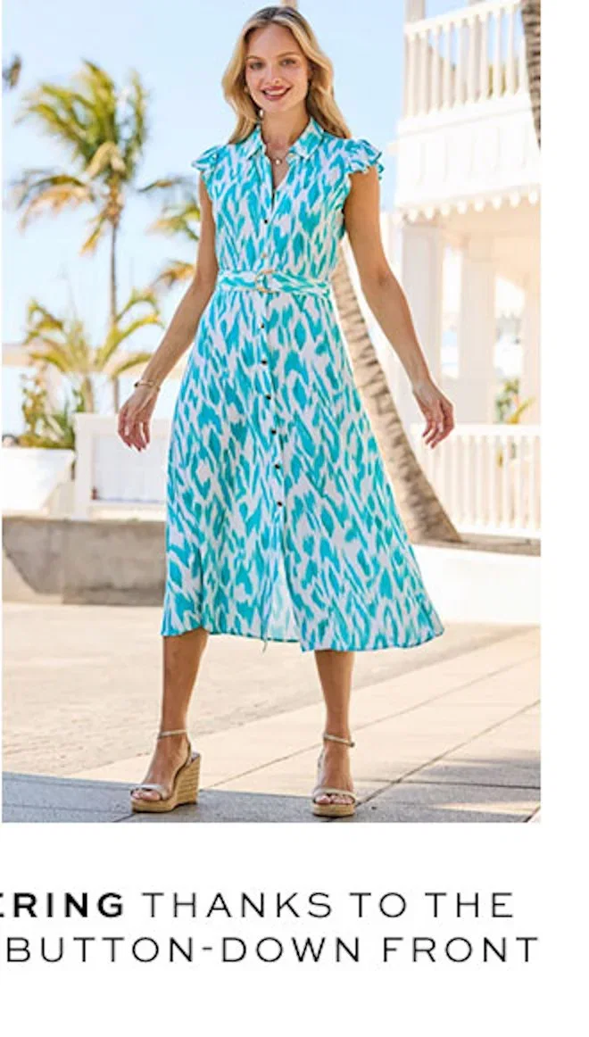 Aqua Blue & White Abstract Print Shirt Dress