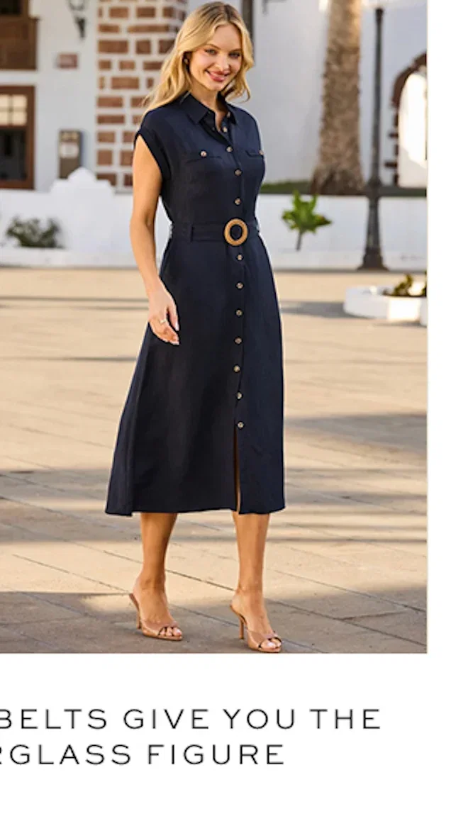 Navy Blue Linen Blend Rattan Belted Shirt Dress