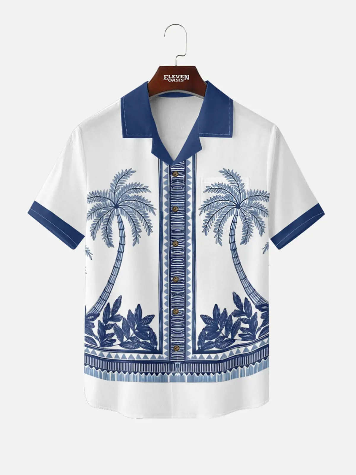 Image of Men's Blue Palm Tile Panel Short Sleeve Shirt
