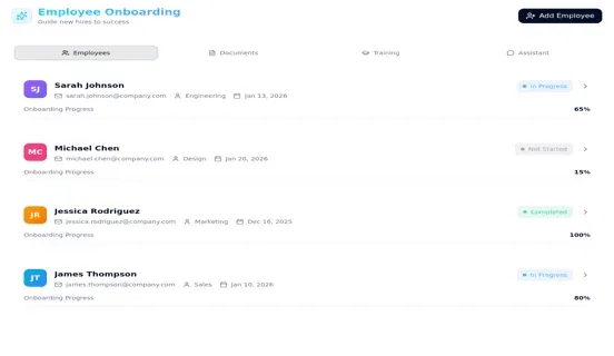 Onboarding Guide Portal with employee progress tiles, training stages, and welcome flow