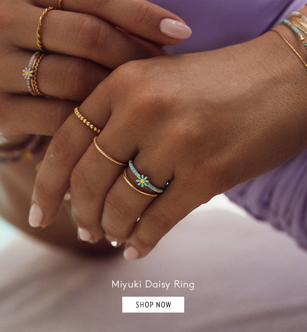 Emaille Daisy RIng - gelb vergoldet mit türkiser Emaille Daisy