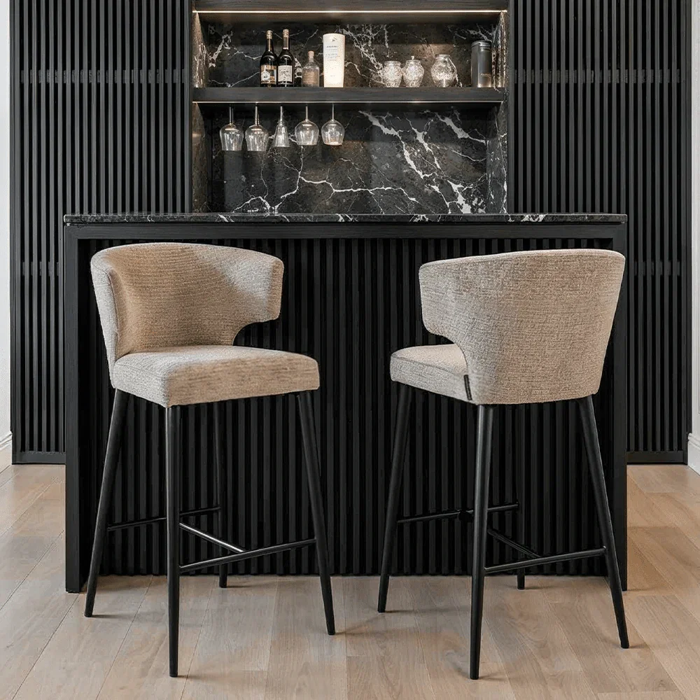 Bourton Beige Chenille Low Bar Stool with Black Legs