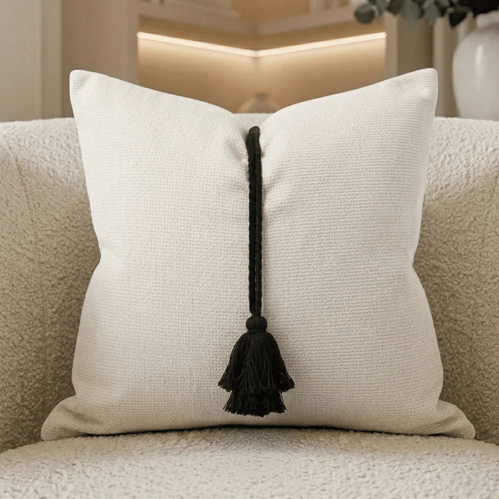 Maxone Cream & Black Tassel Detail Cushion- 45x45cm
