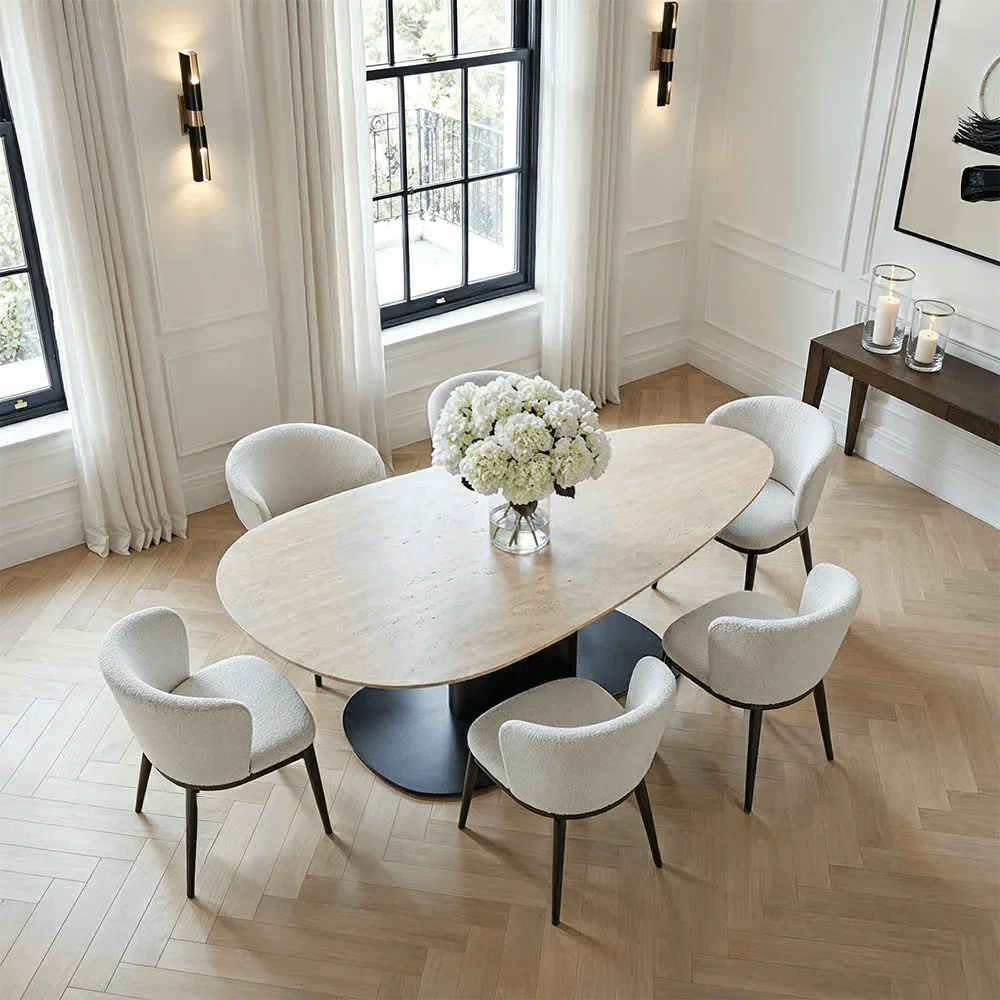 Bordeaux Black Oval Dining Table with Travertine Top