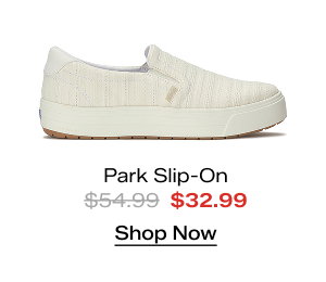 A side view of the Park Stripe Eyelet Slip-On in white. The style was $54.99 and is now on sale for $32.99. 