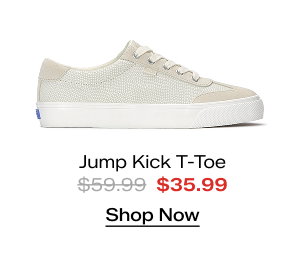 A side view of the Jump Kick T-Toe Dalmata Leather/Suede Lace-Up in cream. The style was $59.99 and is now on sale for $35.99.