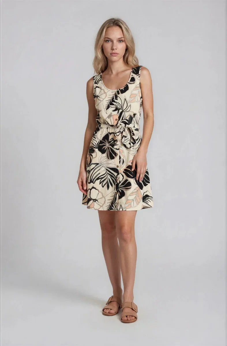 Image of Sleeveless Printed Button Up Dress - Cream