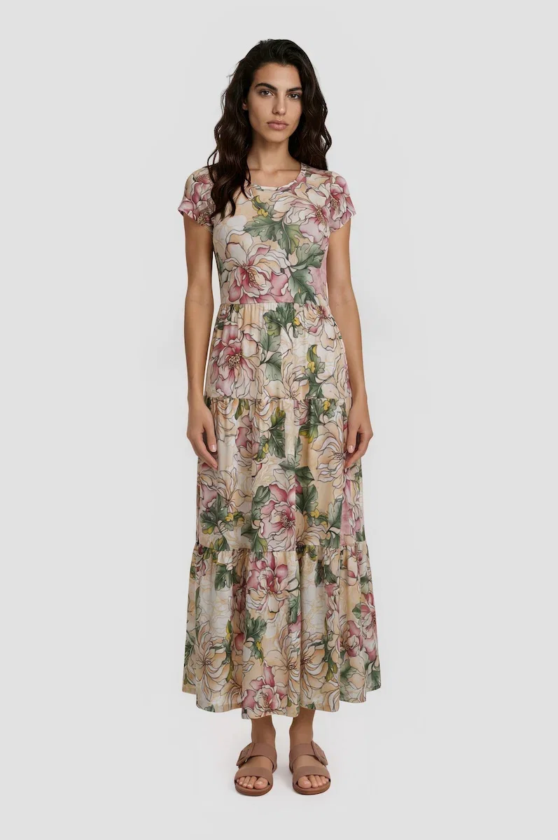 Image of Short Sleeve Tiered Maxi Dress - Multi