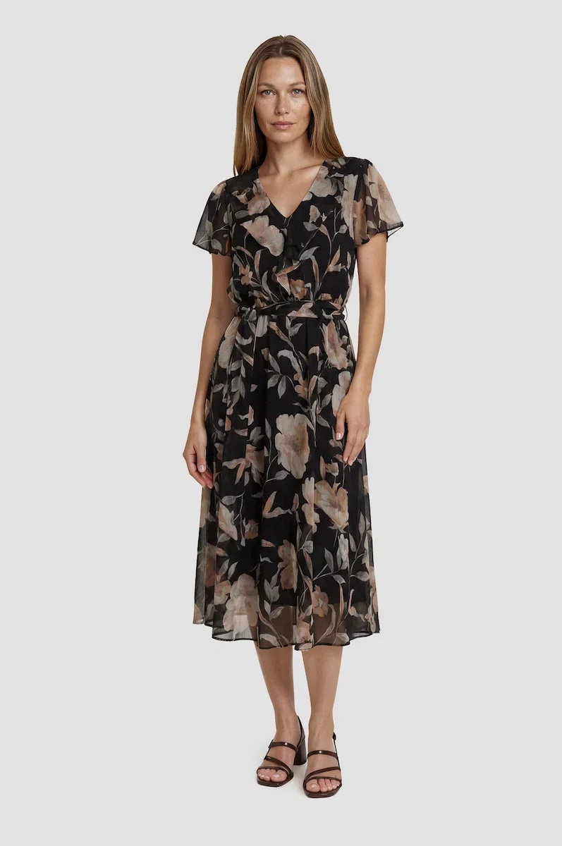 Image of Short Sleeve Chiffon Midi Dress - Black