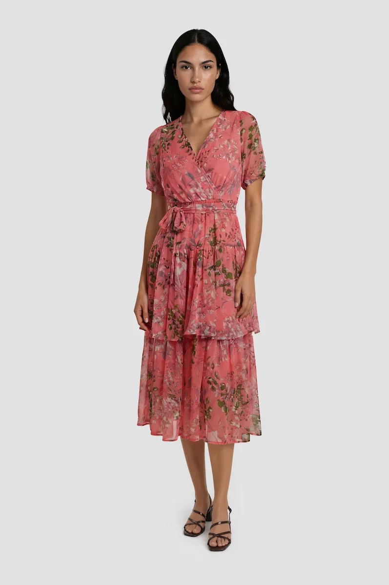 Image of Tiered Chiffon Wrap Dress - Pink