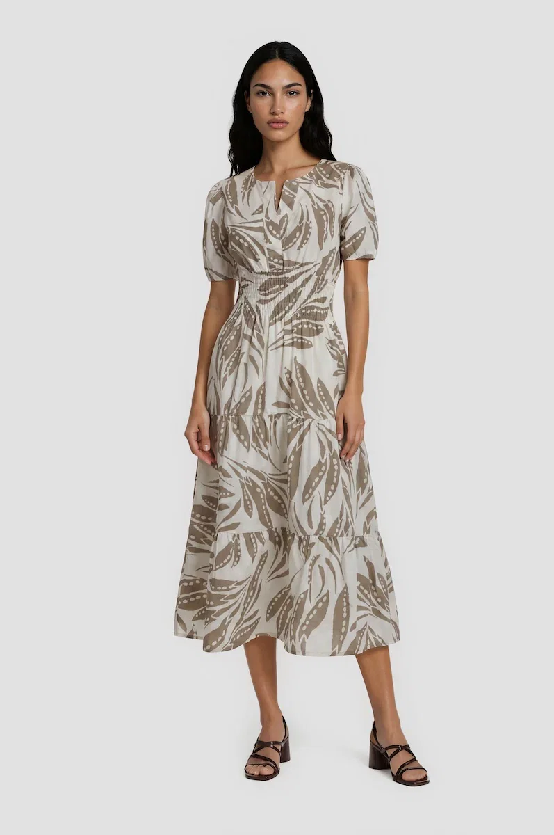 Image of Cinched Waist Tiered Dress - Cream