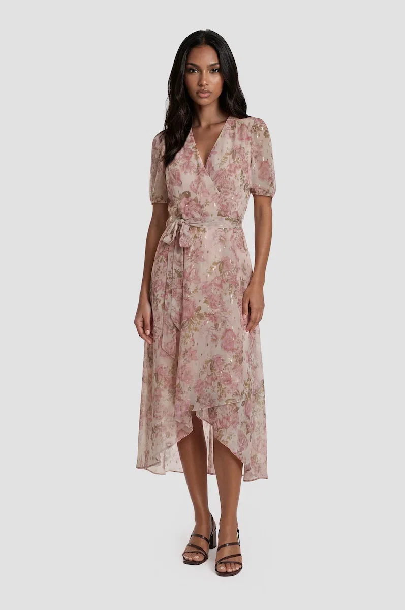 Image of Short Sleeve Chiffon Wrap Dress - Pink