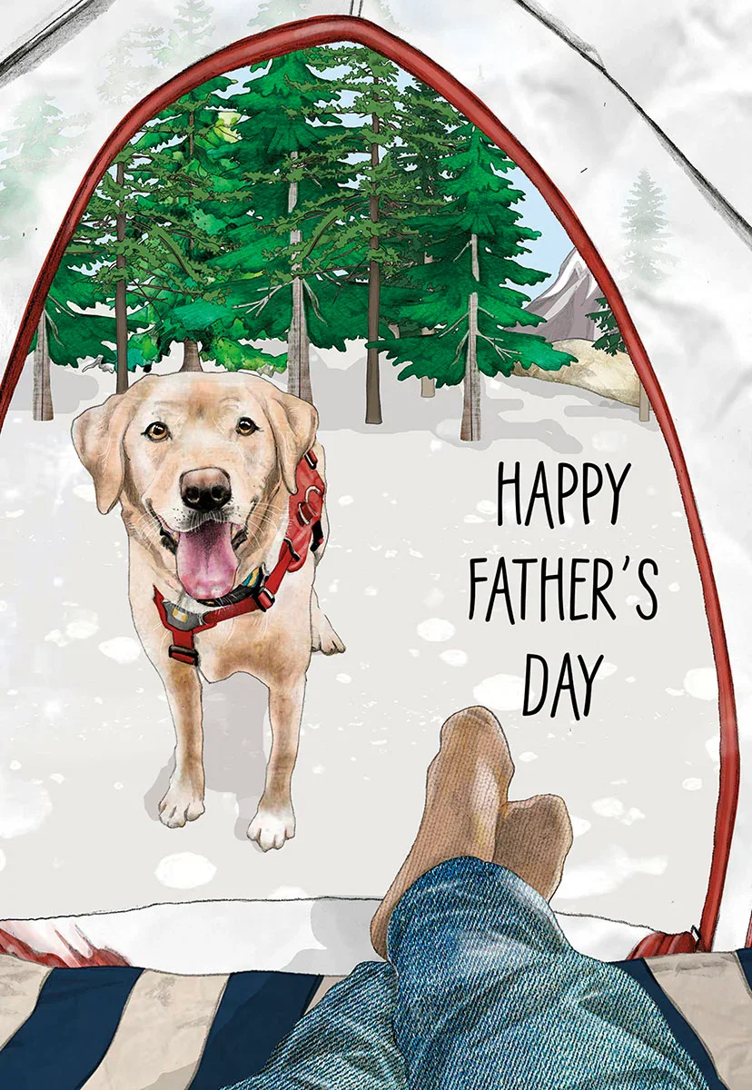 Image of Happy Father's Day Card: Dog Camping Adventure | Heartfelt Father's Day Greeting Card