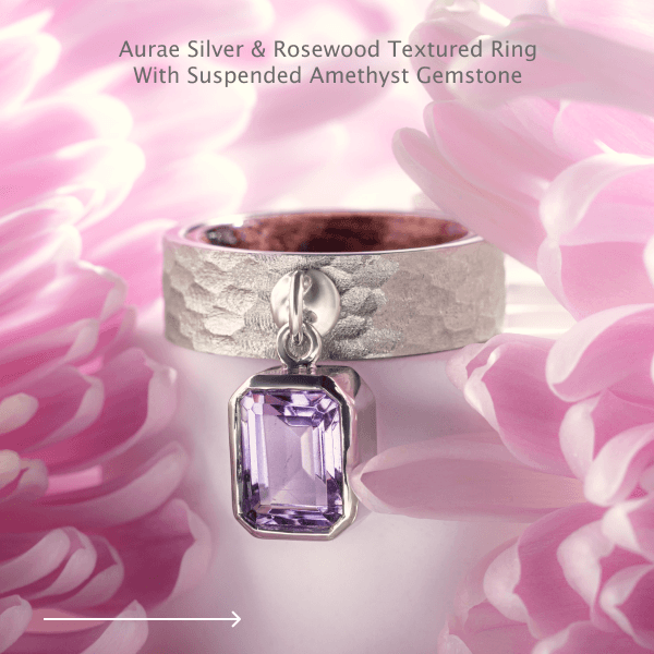 Aurae Silver & Rosewood Textured Ringwith Suspended Amethyst Gemstone