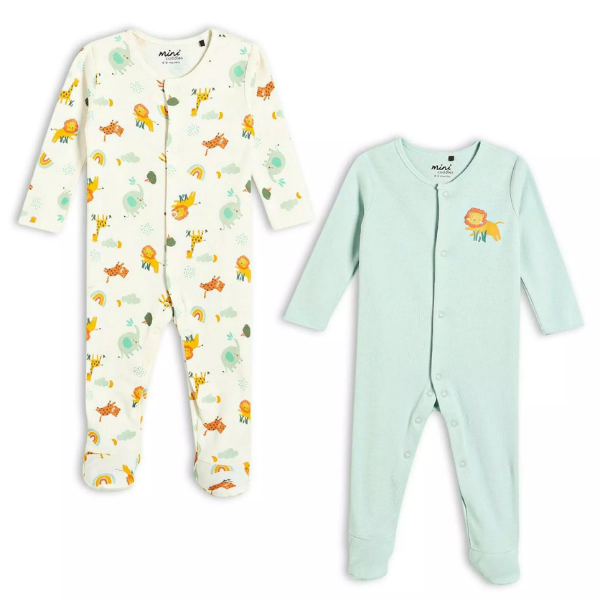 Mini Cuddles Baby Unisex 2pk Animal Printed Sleepsuits, Multicolour