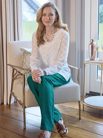 Broderie Notch Neck Tunic | Straight Leg Trousers in Seagreen