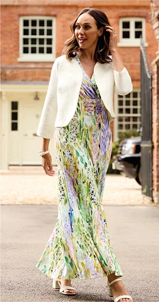 Luxury Cotton-blend Textured Jacket | Soft Floral Ruched-front Dress