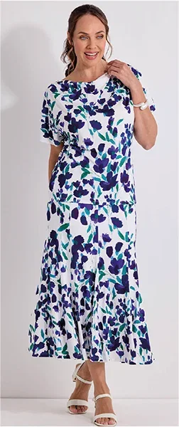Pleated Shoulder Cowl Neck Top and Matching Skirt
