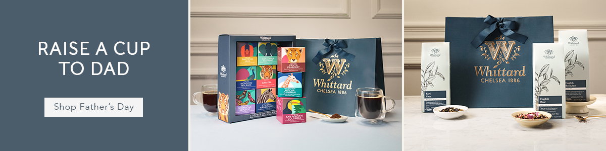 banner with 'Raise a Cup to Dad' and a shop fathers day CTA. Images are of coffees of the world gift set and tea bundle 