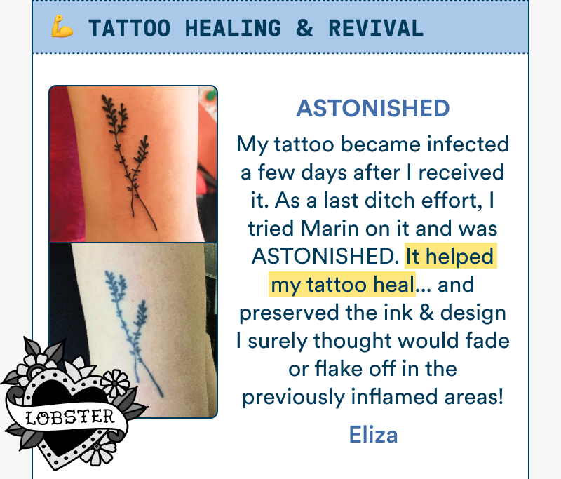 Before-and-after photos of a floral tattoo during healing. Customer review shares that Marin helped soothe irritation and preserve the tattoo’s appearance during healing.