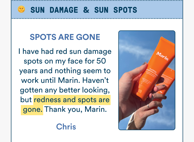 Customer testimonial describing improvement in redness and sun spots after using Marin for long-term sun damage, alongside a photo of Marin Soothing Hydration Cream held against a blue sky.