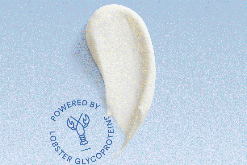 Cream smear on a light blue background with circular text reading “Powered by Lobster Glycoproteins” and a lobster illustration.