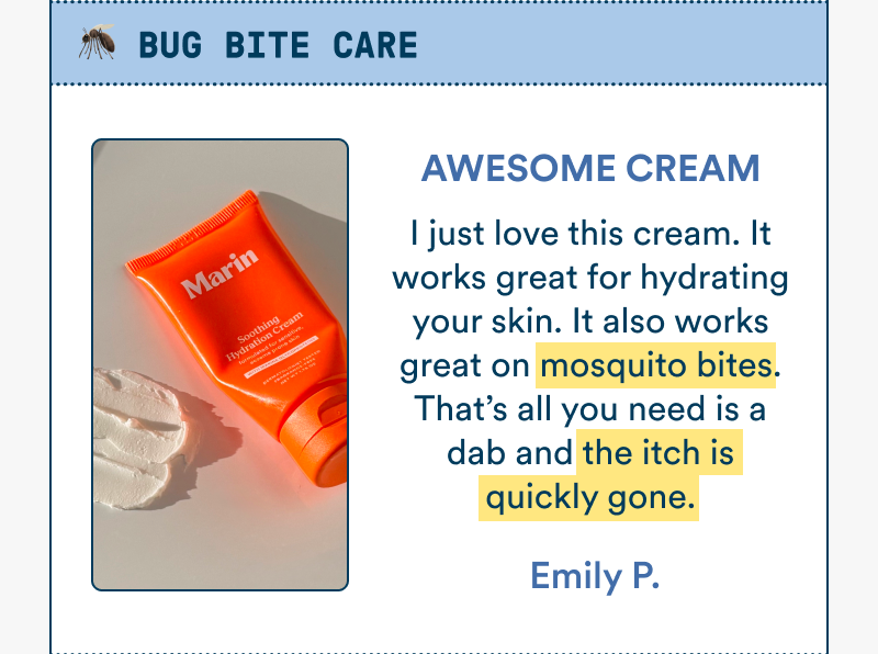 Photo of Marin Soothing Hydration Cream beside a cream smear in warm sunlight. Customer review explains the cream helped calm mosquito bite itching quickly.