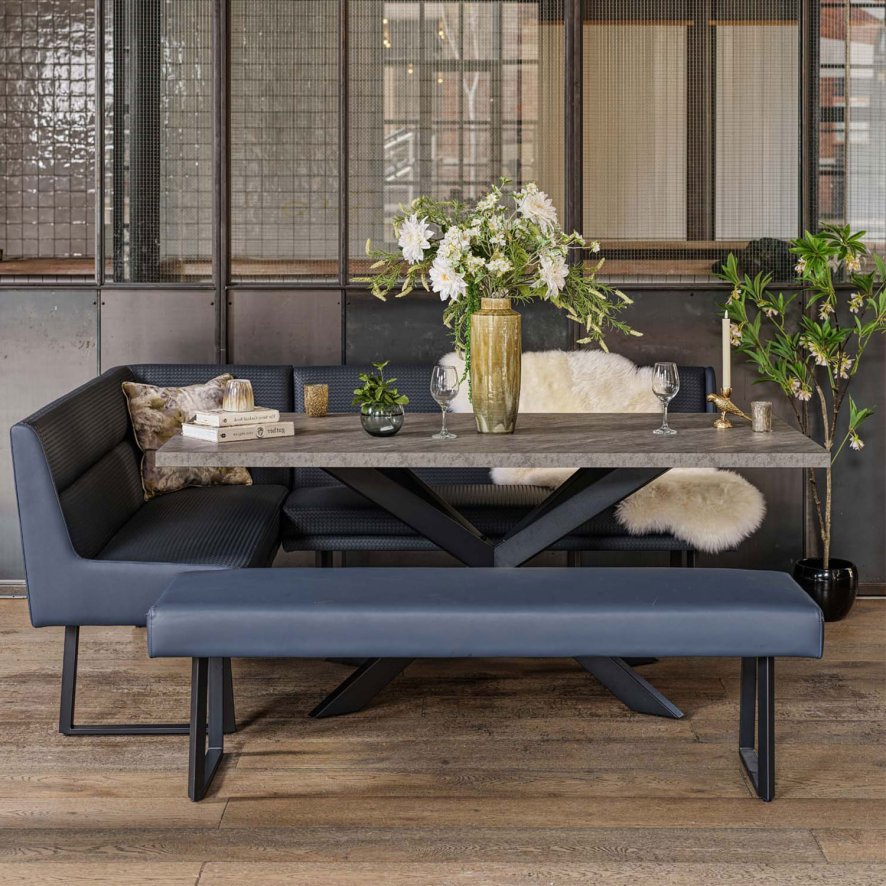 Image of Jupiter Dining Set - Faux Concrete - With RHF Corner Bench & Low Bench in Blue 150cm Dining Table