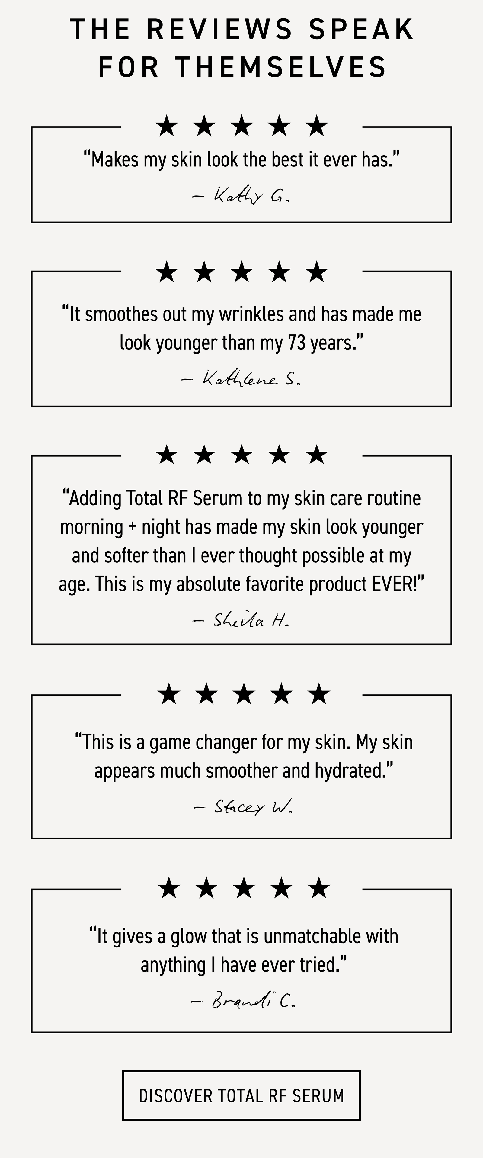 Five star customer reviews speak for themselves. CTA: DISCOVER TOTAL RF SERUM