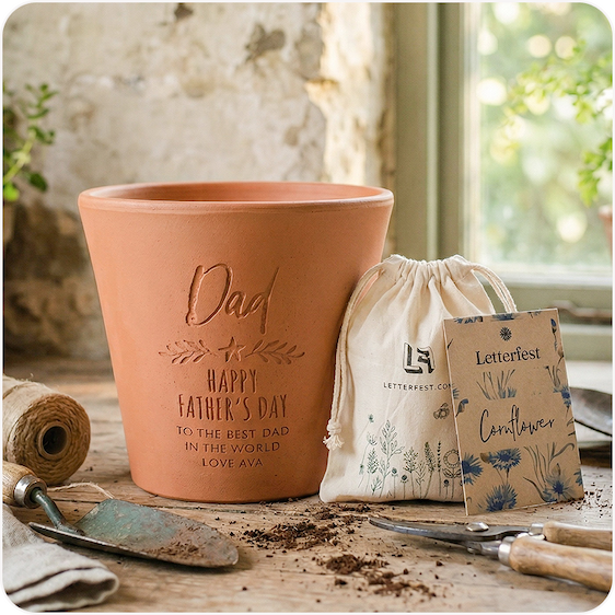An engraved terracotta pot with a small plant and a kraft paper bag, displayed on a wooden surface