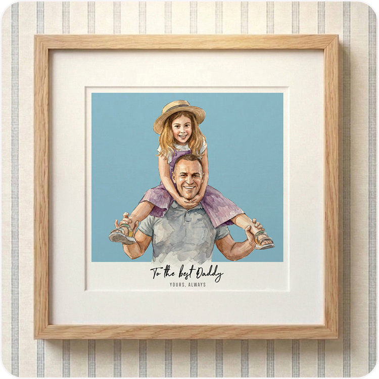 A framed watercolour illustration of a family, displayed in a natural wood frame