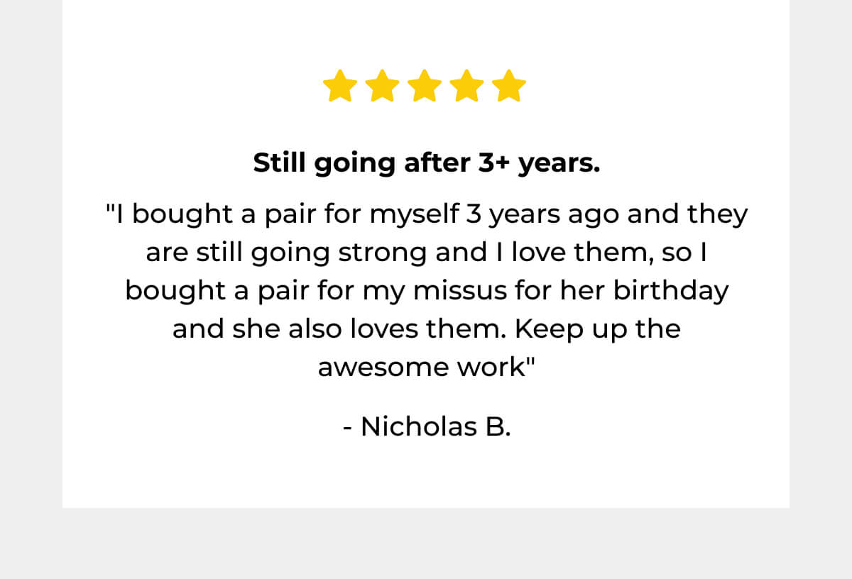 Customer review card with five-star rating and testimonial about sunglasses remaining in use after three years.