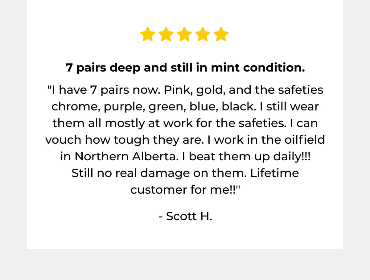 Customer review card with five-star rating and testimonial describing multiple pairs of sunglasses used in demanding work conditions.