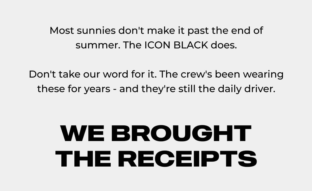 Text section discussing durability and long-term use of black sunglasses, followed by bold headline text.