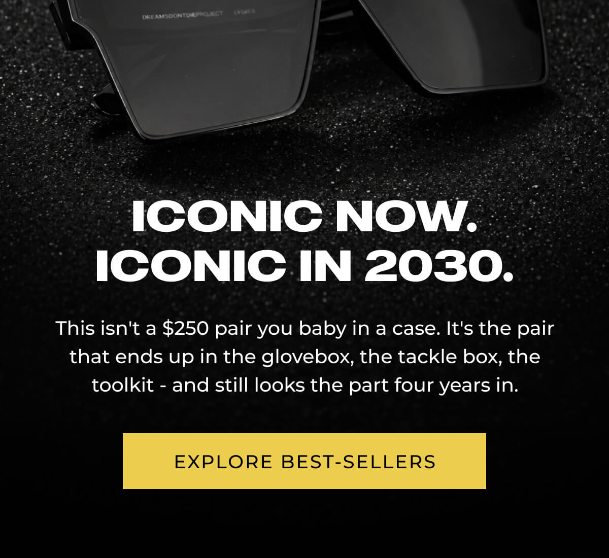 Close-up of black sunglasses on a dark textured surface with text describing long-term everyday use and a button referencing popular styles.