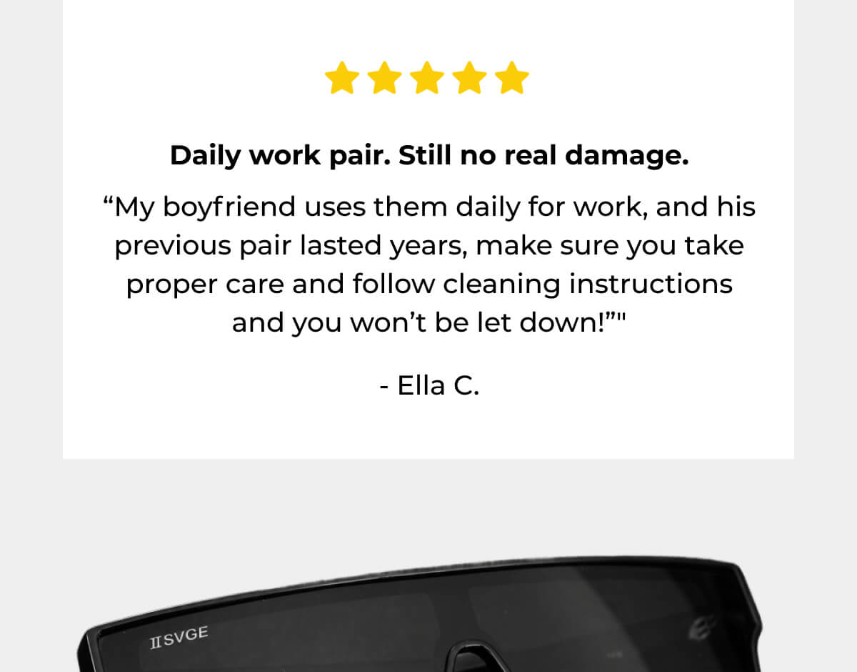 Customer review card with five-star rating and testimonial about sunglasses used daily for work over several years.