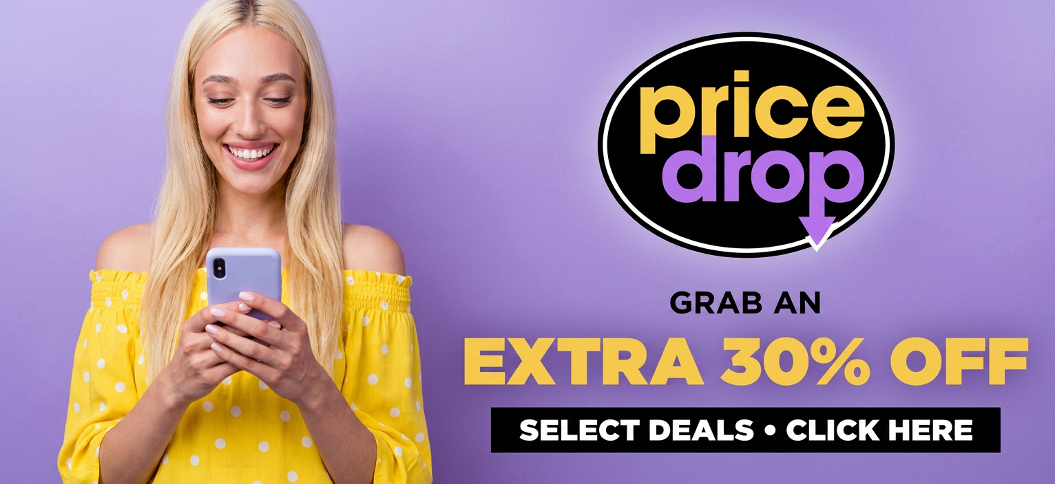 Woman on phone with "Price Drop Extra 30% Off" sale banner.