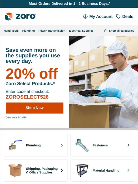 Get 20% off Zoro Select and keep every job moving…