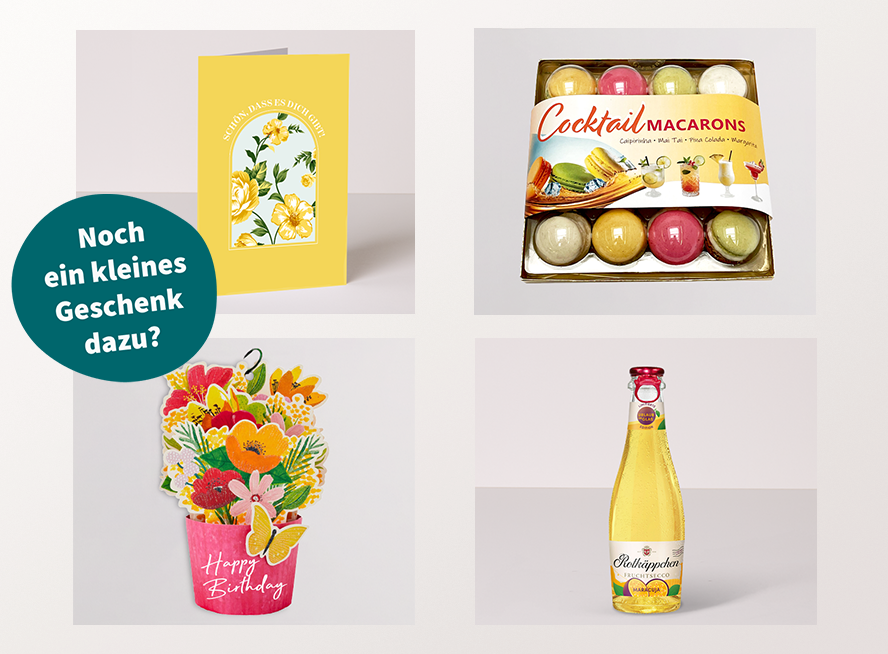 Wir haben die schönsten Geschenke, um Deine Blumengrüße noch persönlicher zu gestalten. Einfach bei Bestellung mit zum Strauß dazu wählen.