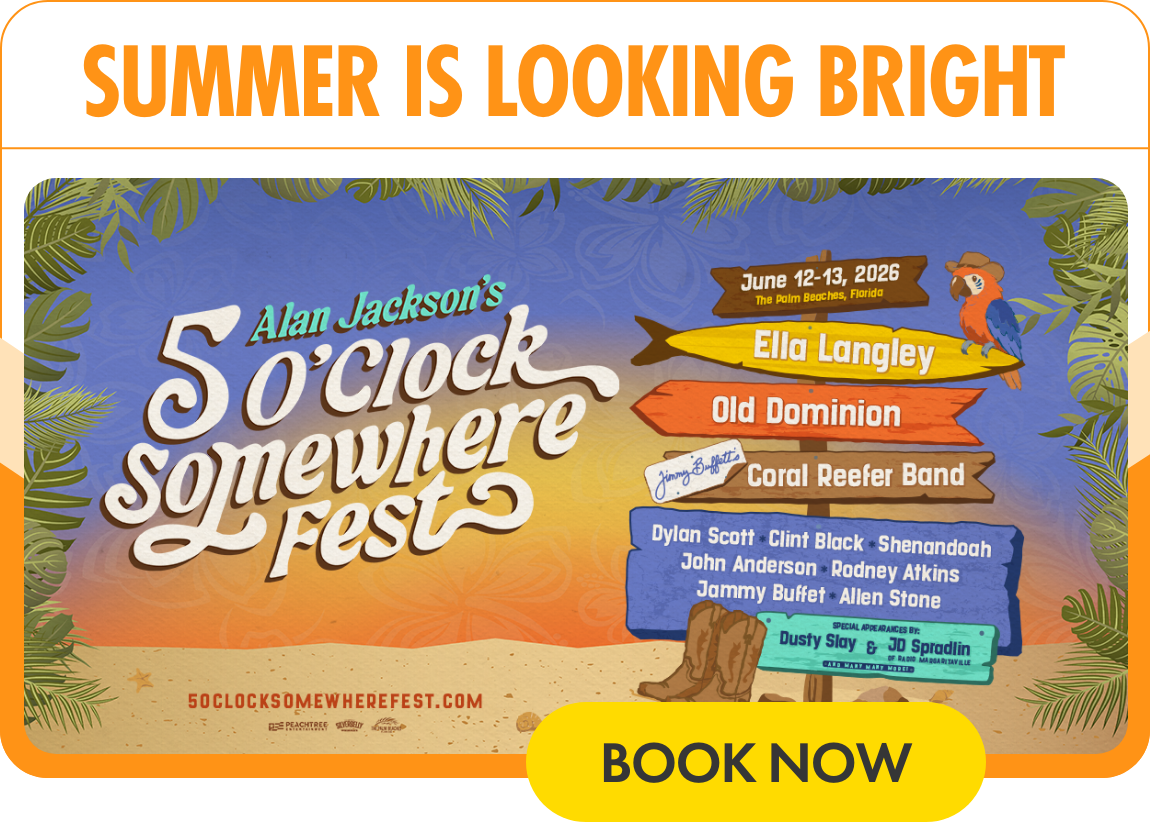 Colorful promotional poster for Alan Jackson's 5 O'Clock Somewhere Fest music festival. The design features a tropical beach scene with wooden signposts listing performers and dates from June 12–13, 2026. Bright orange and yellow gradients evoke a sunny summer atmosphere, with a parrot perched on one of the signs. Bold text at the top reads "SUMMER IS LOOKING BRIGHT." and a yellow button at the bottom says "BOOK NOW."